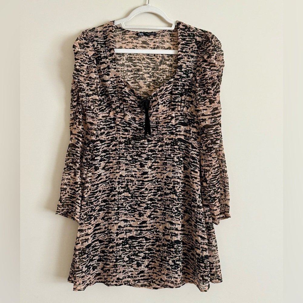 Zara Animal Print Milkmaid Dress with Velvet Bow - Size M